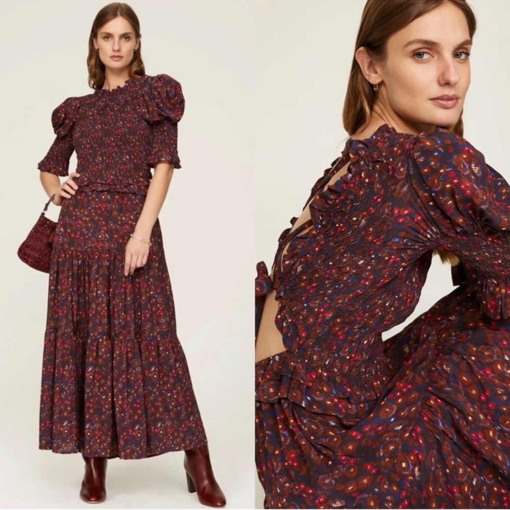 Sea New York -Llana Ikat maxi brown dress shirred bodice and puff sleeves.Size L